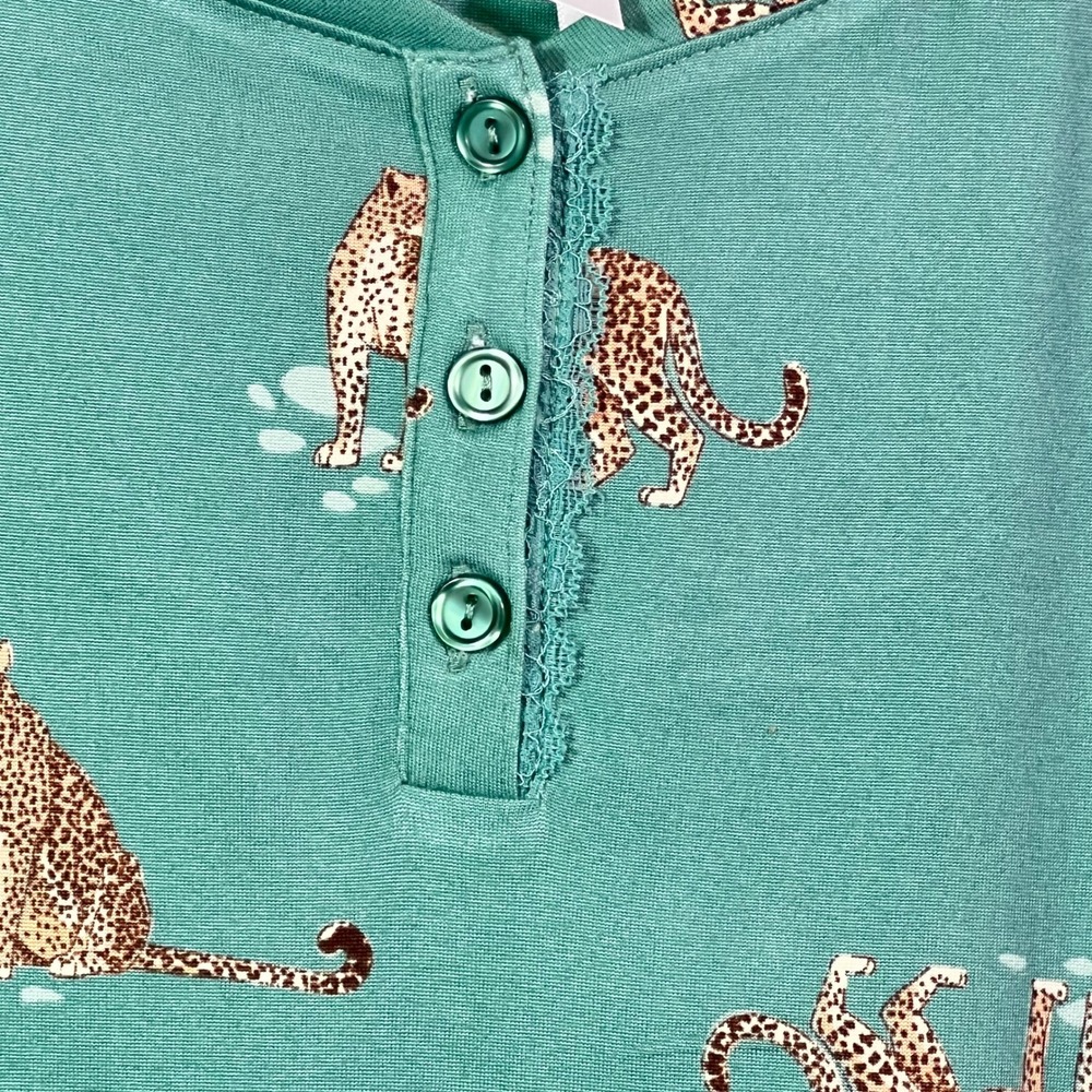Flora Nikrooz Teal Leopard Print Henley Pajama Set Lace Trim 2 Piece Loungewear - Picture 4 of 12